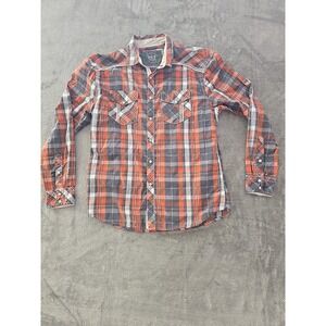 BKE Mens Relaxed Fit Plaid‎ Long Sleeve Snap Button Shirt Orange Grey White Med